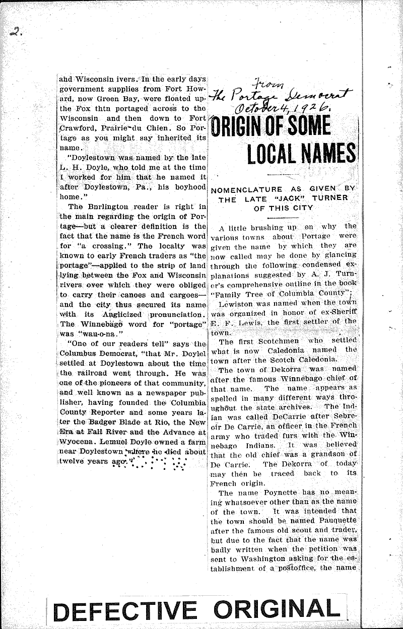 Tells how Rio got its name Newspaper Article/Clipping Wisconsin