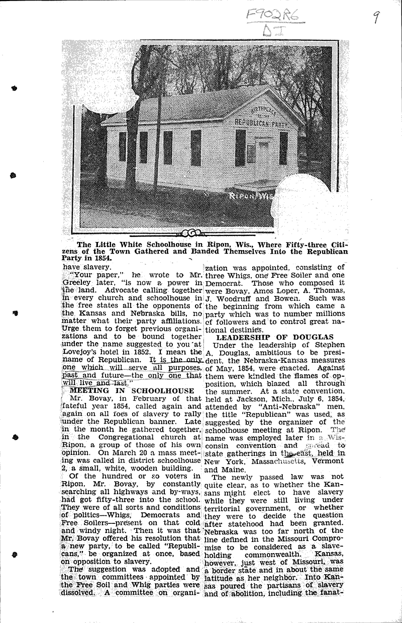 The Republican party celebrates its seventyfifth birthday at Ripon, Wis. Newspaper Article