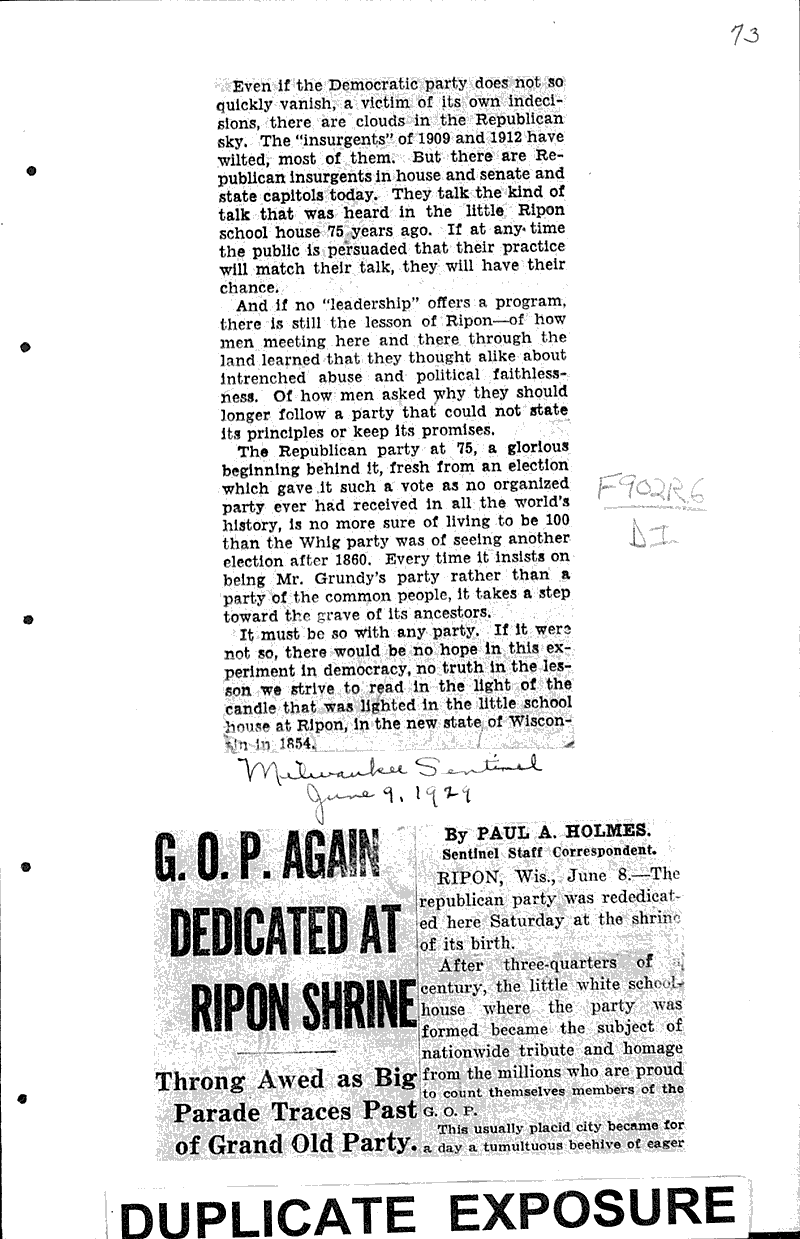 G.O.P. again dedicated at Ripon shrine Newspaper Article/Clipping Wisconsin Historical Society