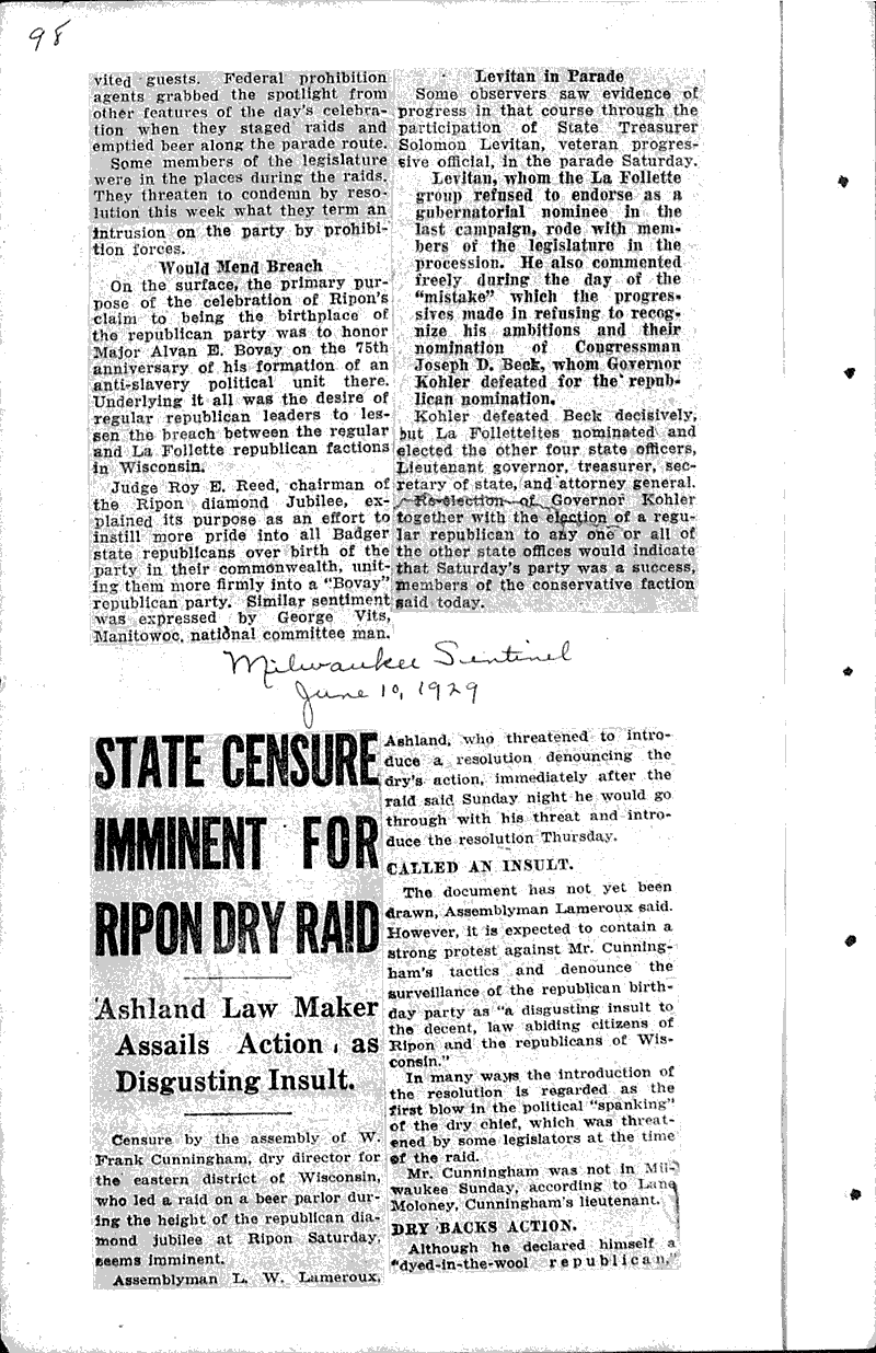 State censure imminent for Ripon dry raid Newspaper Article/Clipping Wisconsin Historical