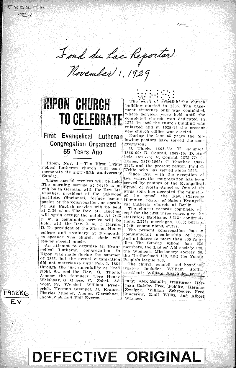  Source: Fond du Lac Reporter Topics: Church History Date: 1929-11-01
