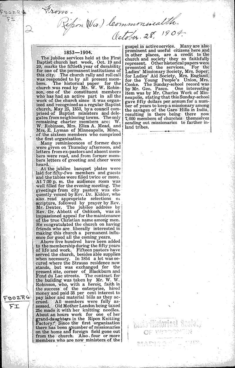  Source: Ripon Commonwealth Topics: Church History Date: 1904-10-28