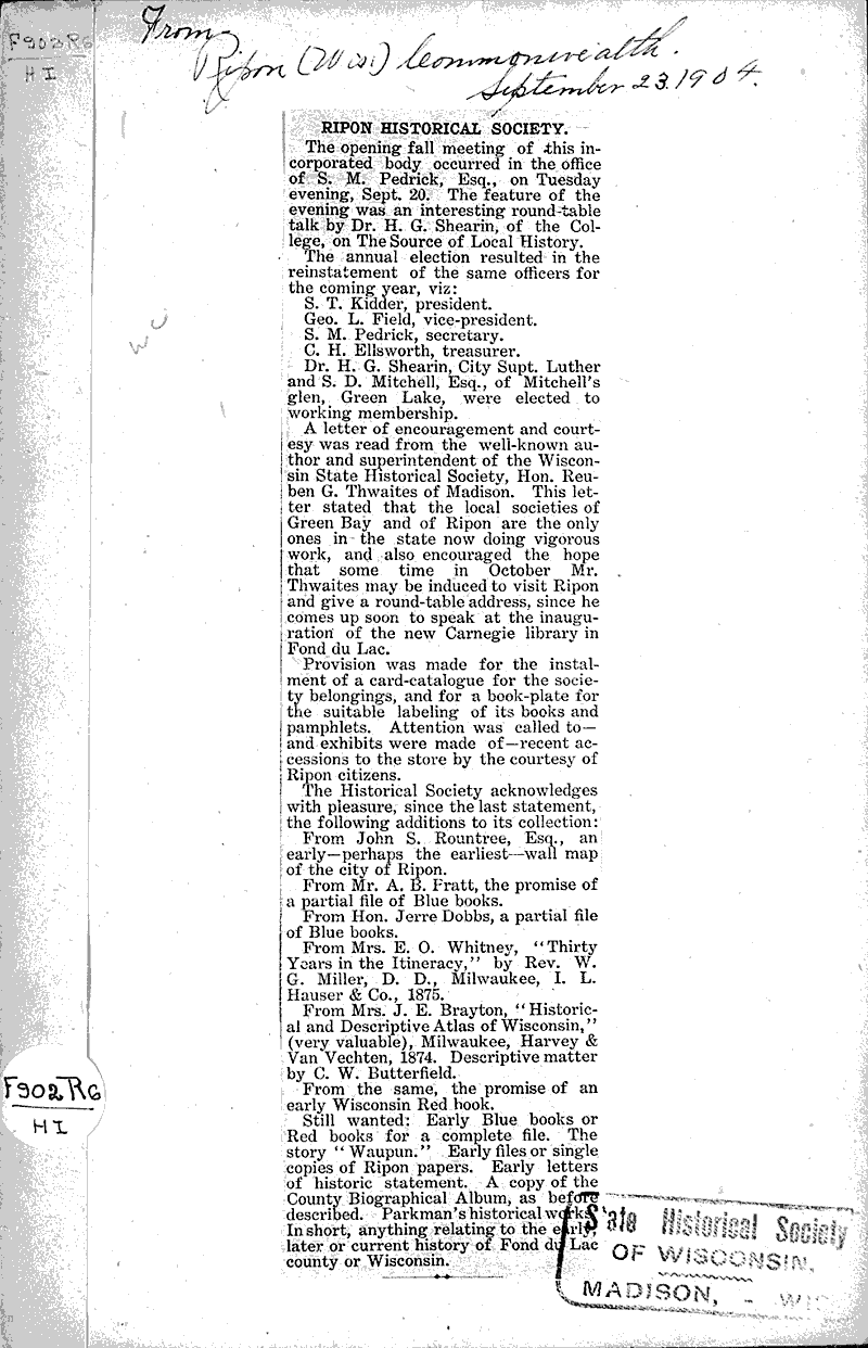 Ripon historical society Newspaper Article/Clipping Wisconsin Historical Society