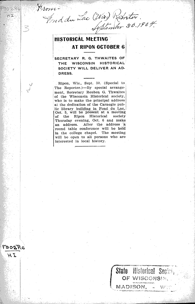 Historical meeting at Ripon October 6 Newspaper Article/Clipping Wisconsin Historical Society