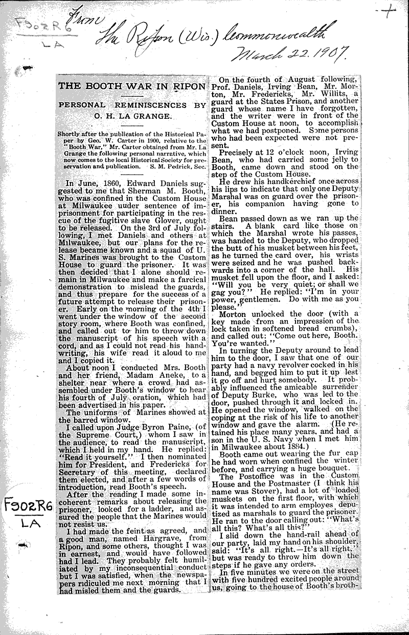 The Booth war in Ripon Newspaper Article/Clipping Wisconsin Historical Society