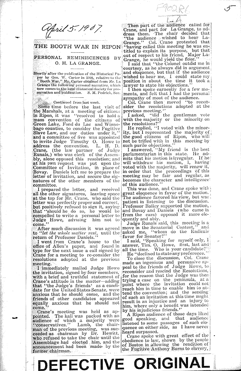 The Booth war in Ripon Newspaper Article/Clipping Wisconsin Historical Society
