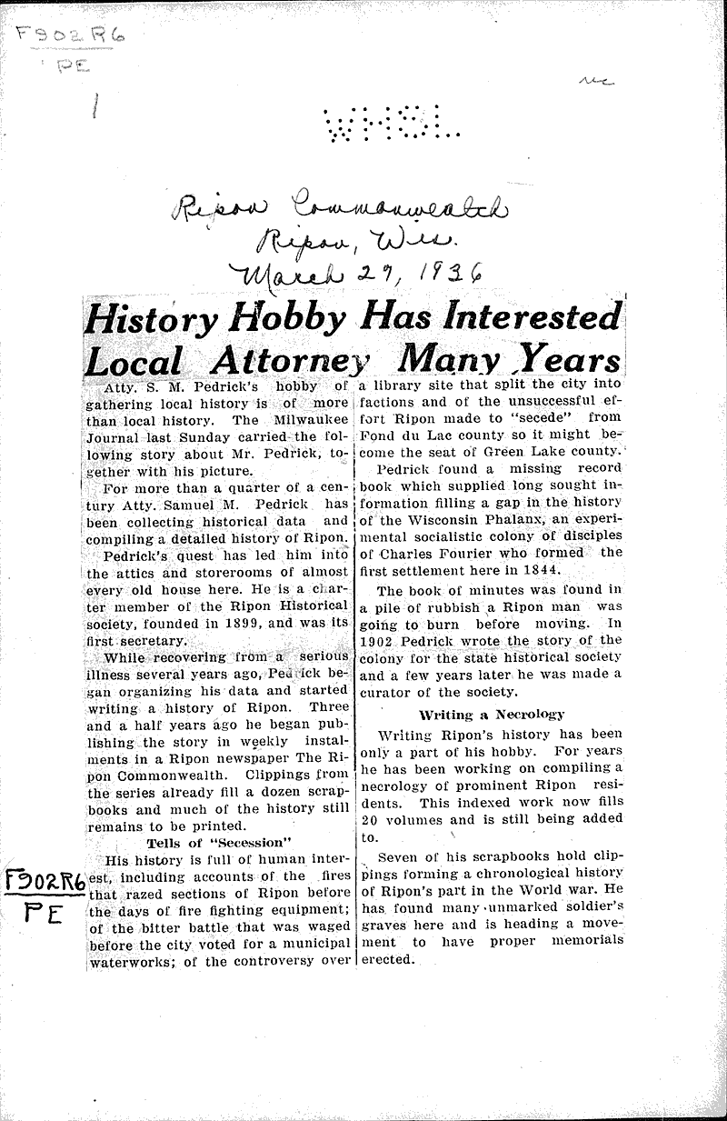 History hobby has interested local attorney many years Newspaper Article/Clipping Wisconsin