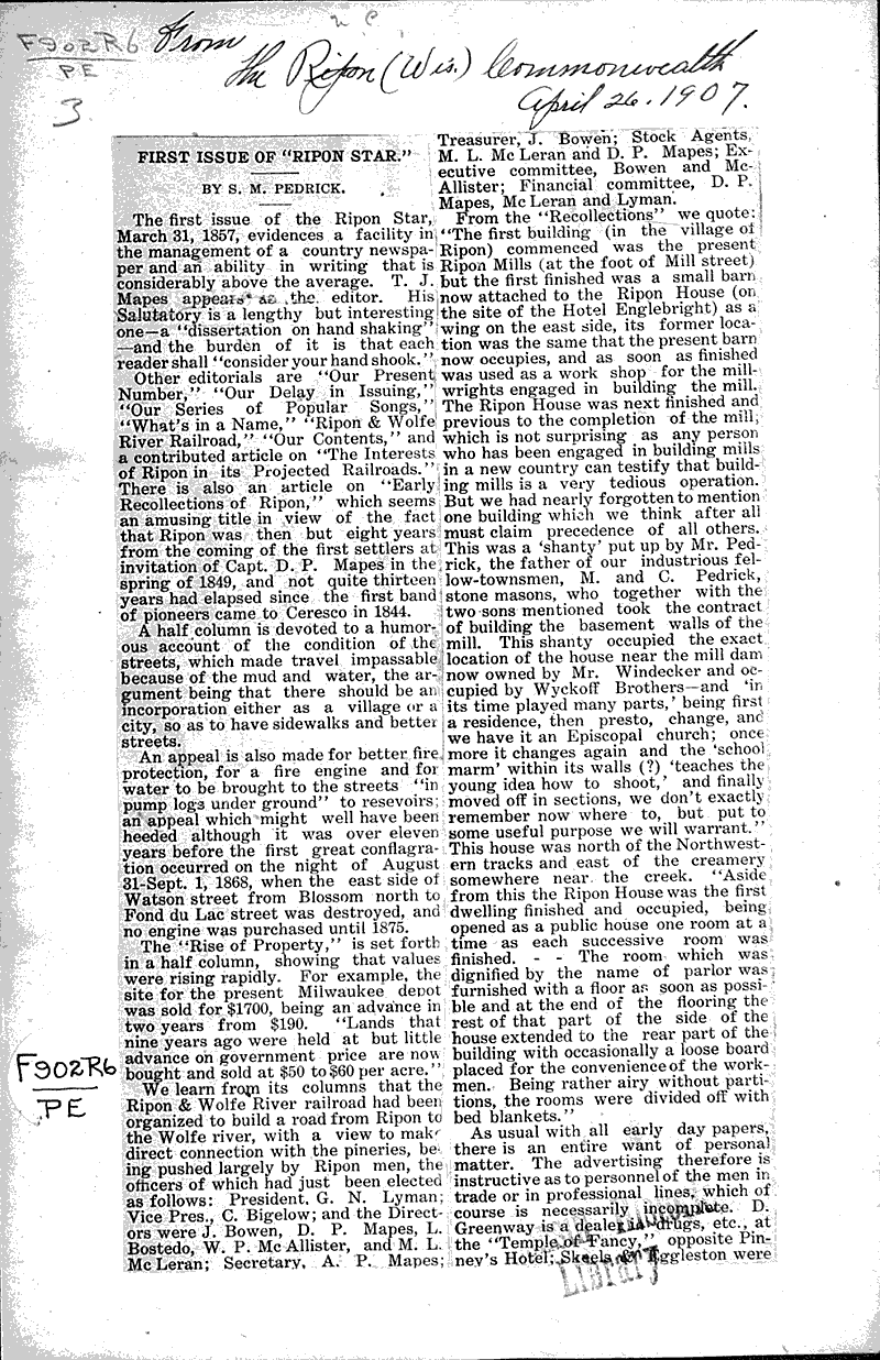 First issue of "Ripon Star" Newspaper Article/Clipping Wisconsin Historical Society