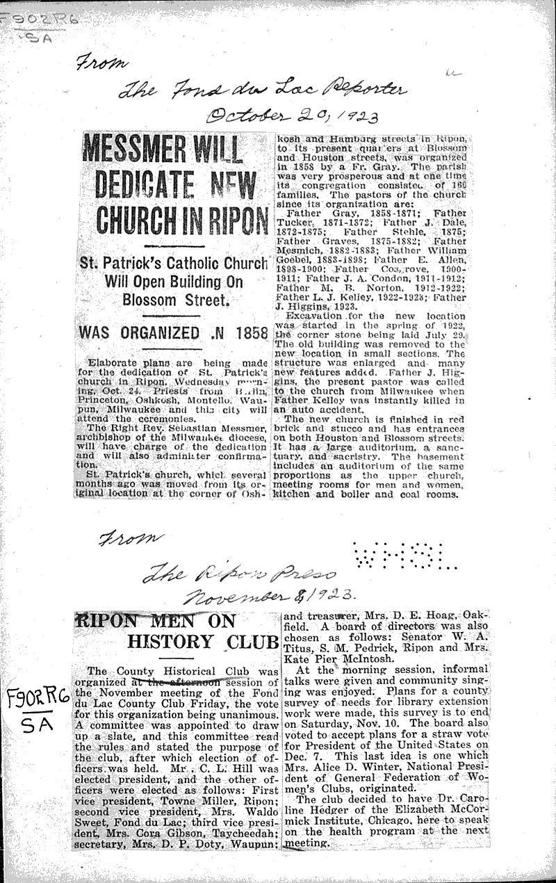  Source: Fond du Lac Reporter Topics: Church History Date: 1923-10-20