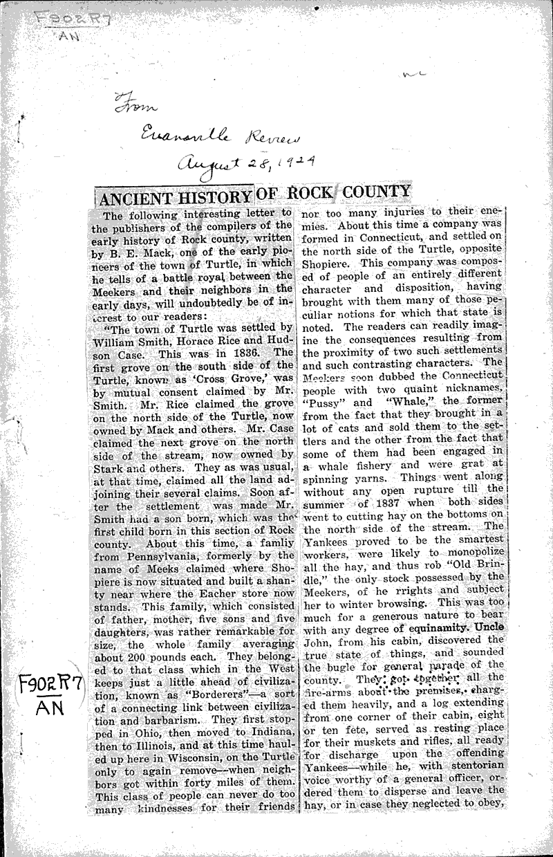 Ancient history of Rock County Newspaper Article/Clipping Wisconsin