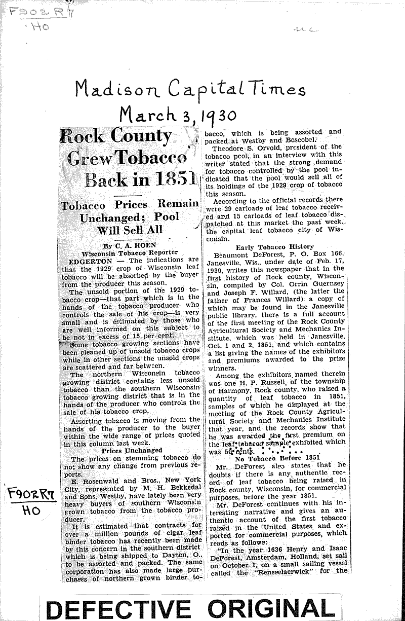  Source: Madison Capital Times Topics: Agriculture Date: 1930-03-03