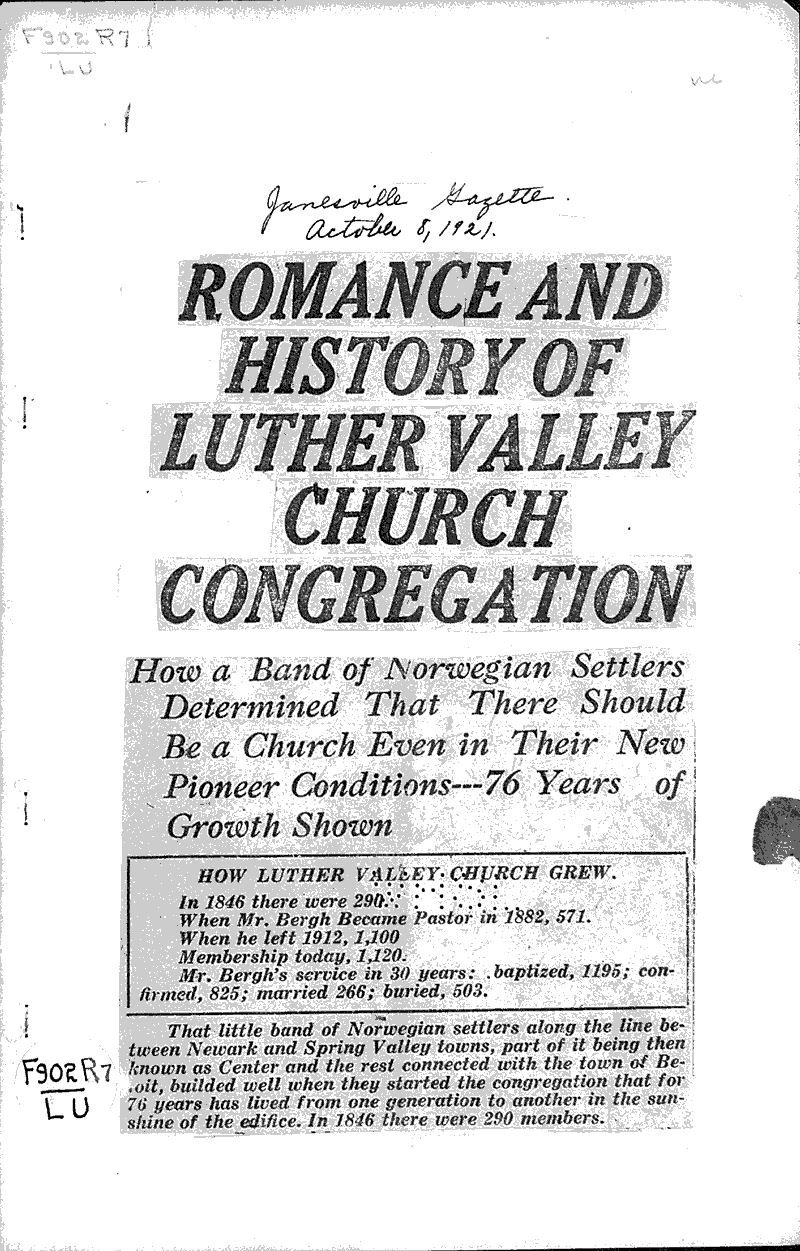 Romance and history of Luther Valley Church congregation Source: Janesville Gazette Topics: Church History Date: 1921-10-08
