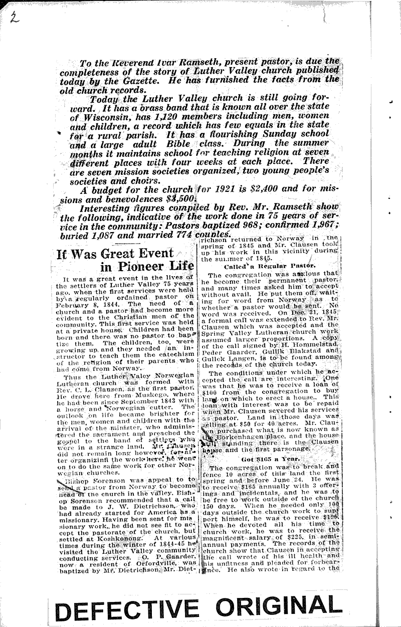 Romance and history of Luther Valley Church congregation Source: Janesville Gazette Topics: Church History Date: 1921-10-08