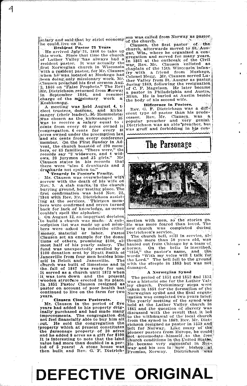 Romance and history of Luther Valley Church congregation Source: Janesville Gazette Topics: Church History Date: 1921-10-08