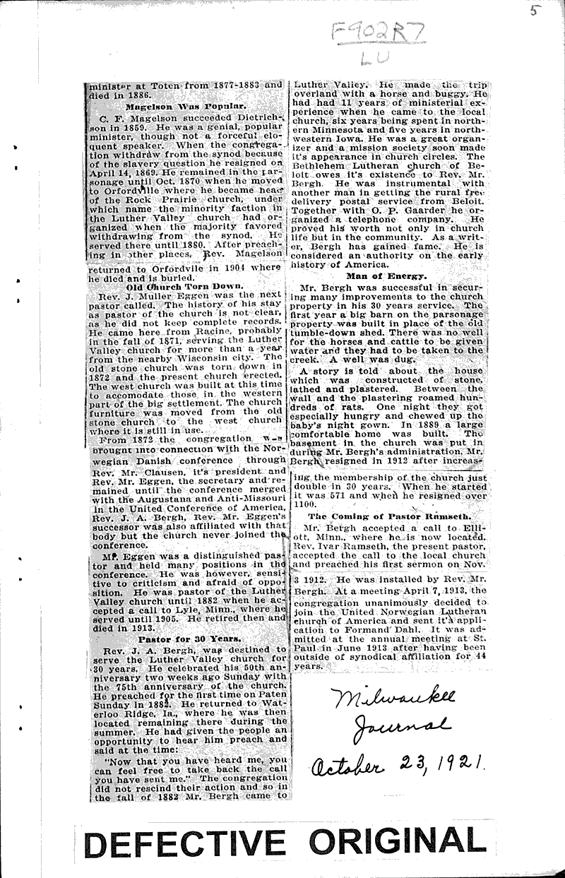 Romance and history of Luther Valley Church congregation Source: Janesville Gazette Topics: Church History Date: 1921-10-08