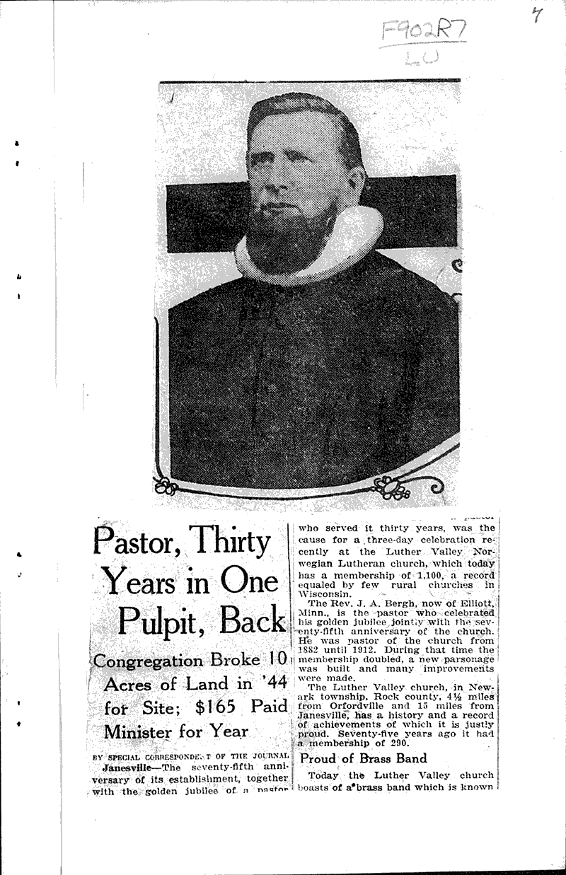 Romance and history of Luther Valley Church congregation Source: Janesville Gazette Topics: Church History Date: 1921-10-08