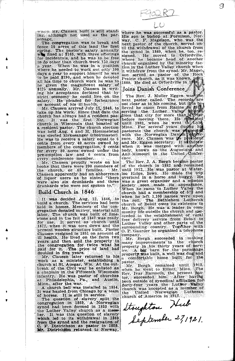 Romance and history of Luther Valley Church congregation Source: Janesville Gazette Topics: Church History Date: 1921-10-08