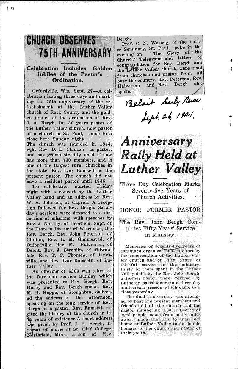 Romance and history of Luther Valley Church congregation Source: Janesville Gazette Topics: Church History Date: 1921-10-08
