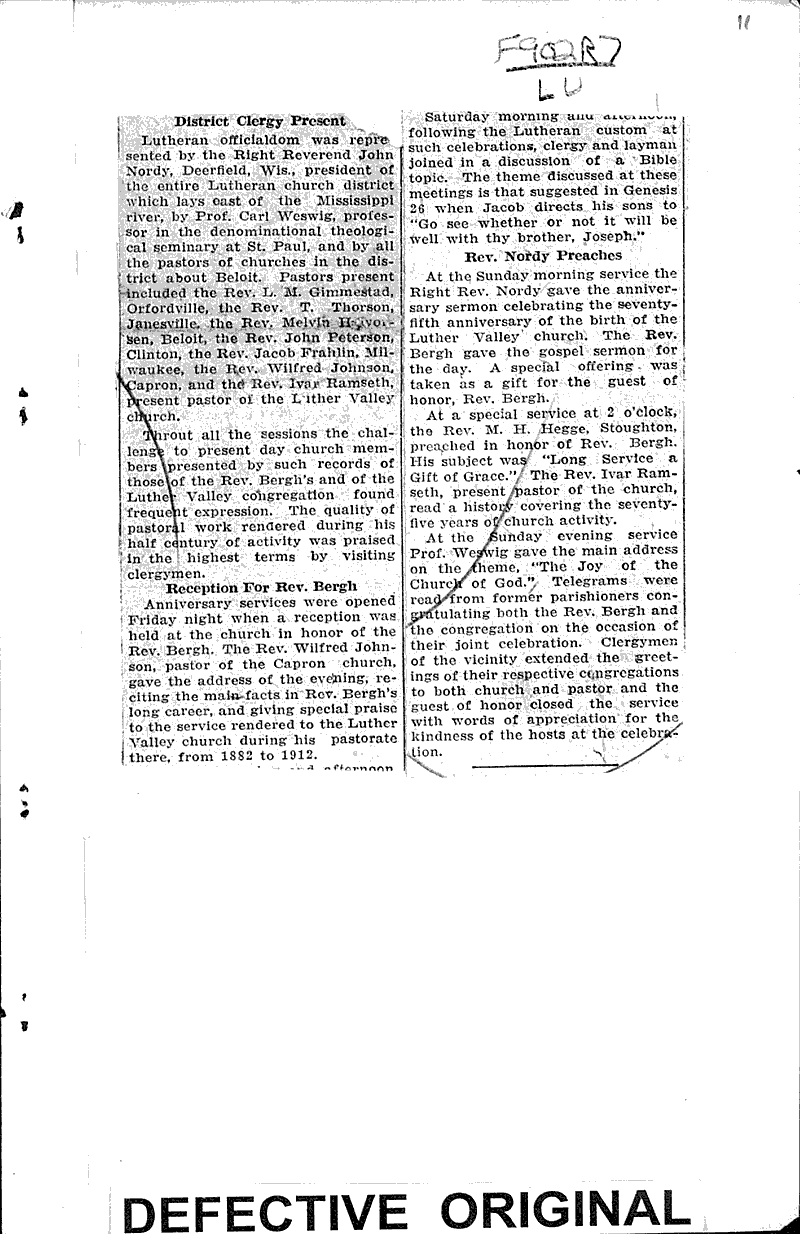 Romance and history of Luther Valley Church congregation Source: Janesville Gazette Topics: Church History Date: 1921-10-08