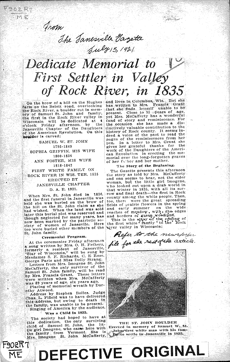 Dedicate memorial to first settler in valley of Rock River, in 1835 Newspaper Article/Clipping