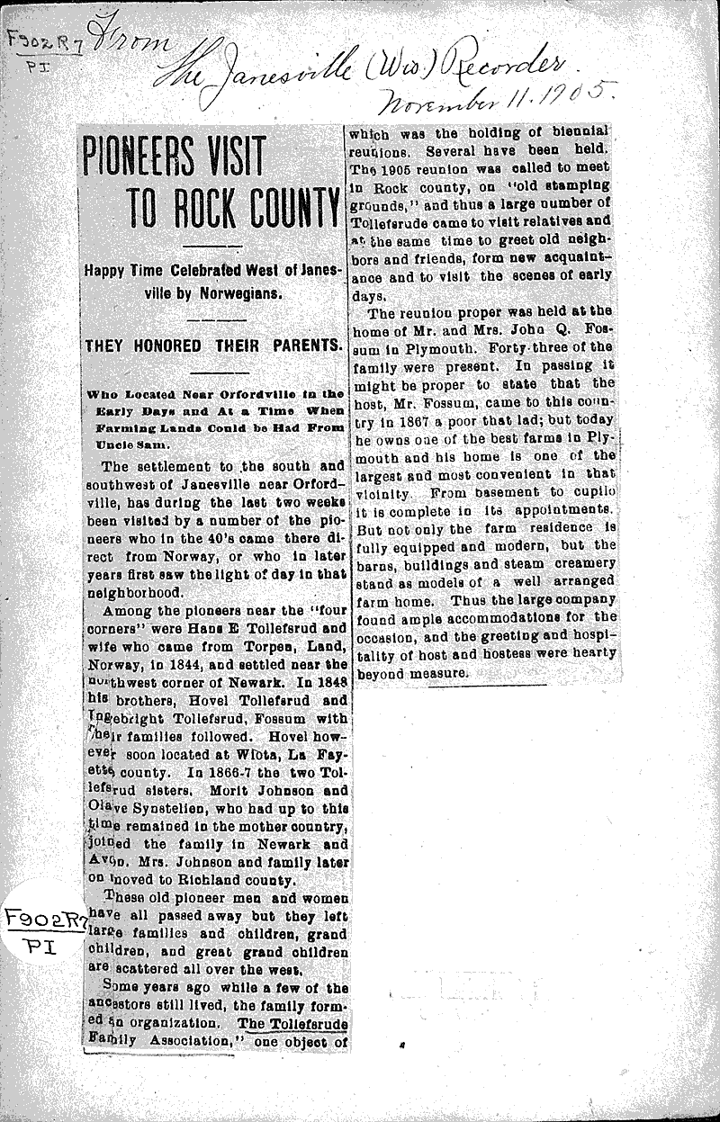 Pioneers visit to Rock County Newspaper Article/Clipping Wisconsin