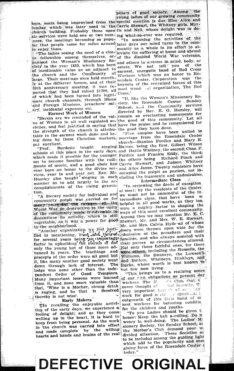 Reminiscences are given of early Rosendale Center days Newspaper