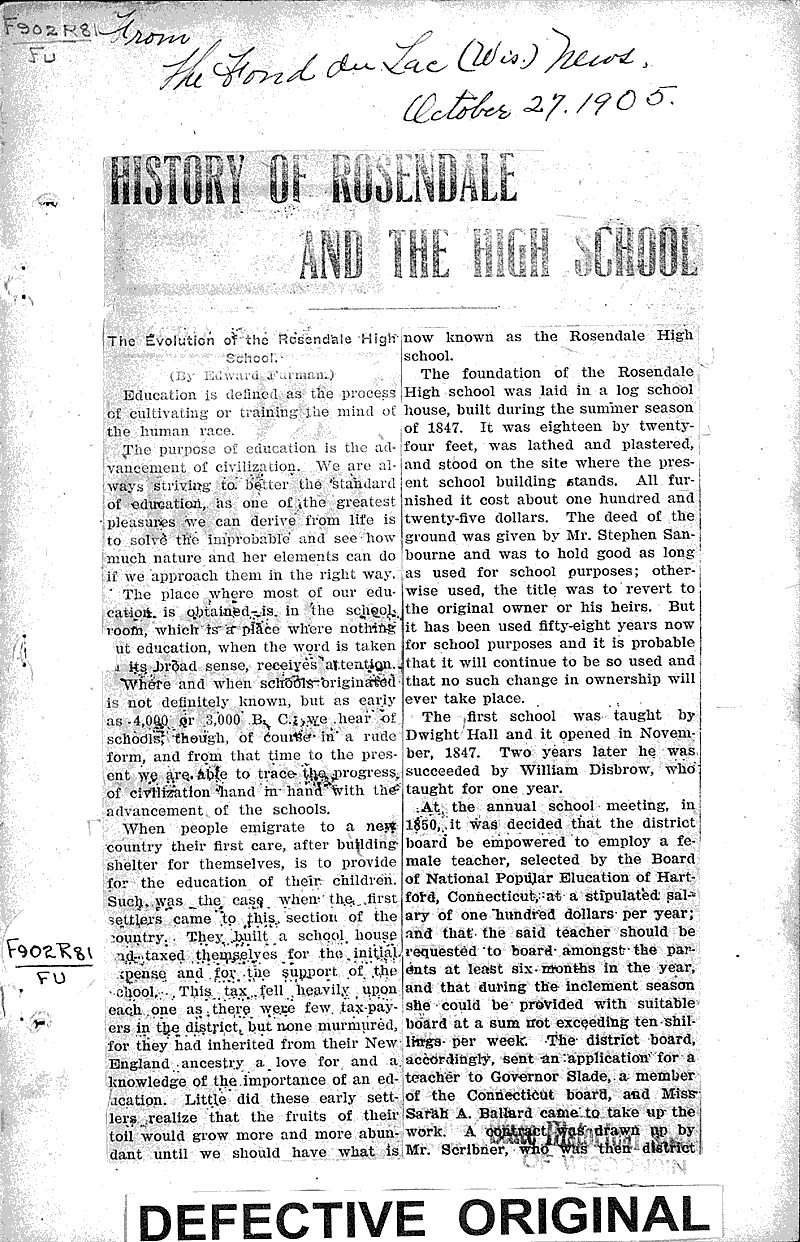  Source: Fond du Lac News Topics: Education Date: 1905-10-27