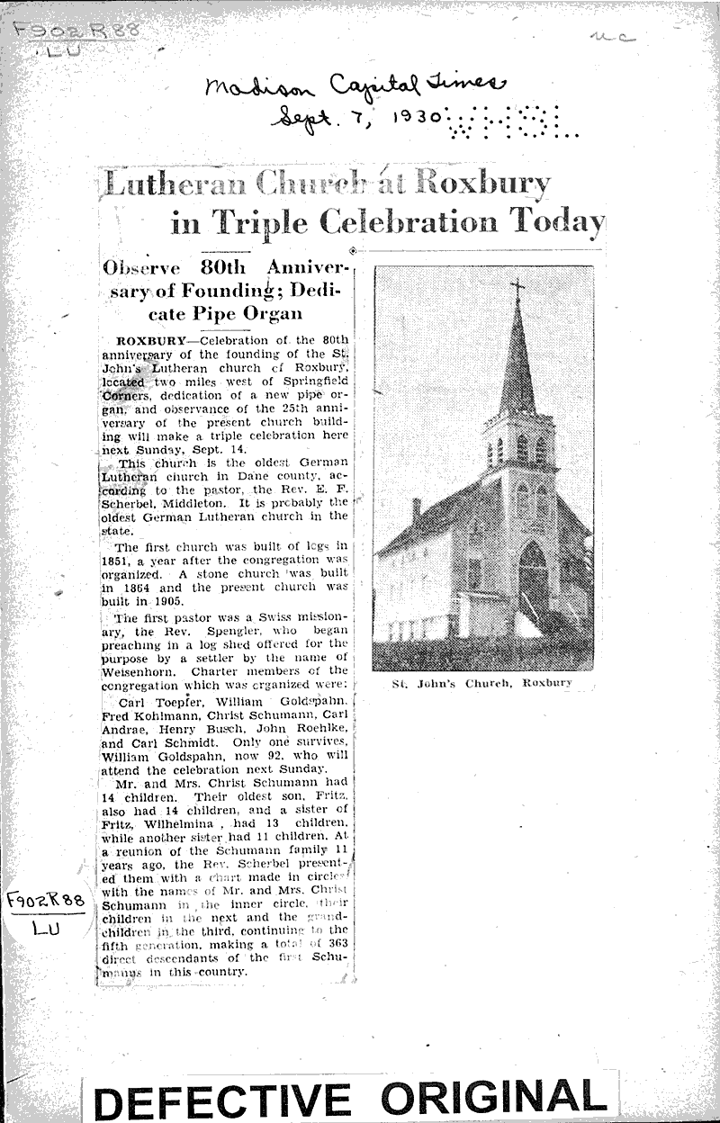  Source: Madison Capital Times Topics: Church History Date: 1930-09-07