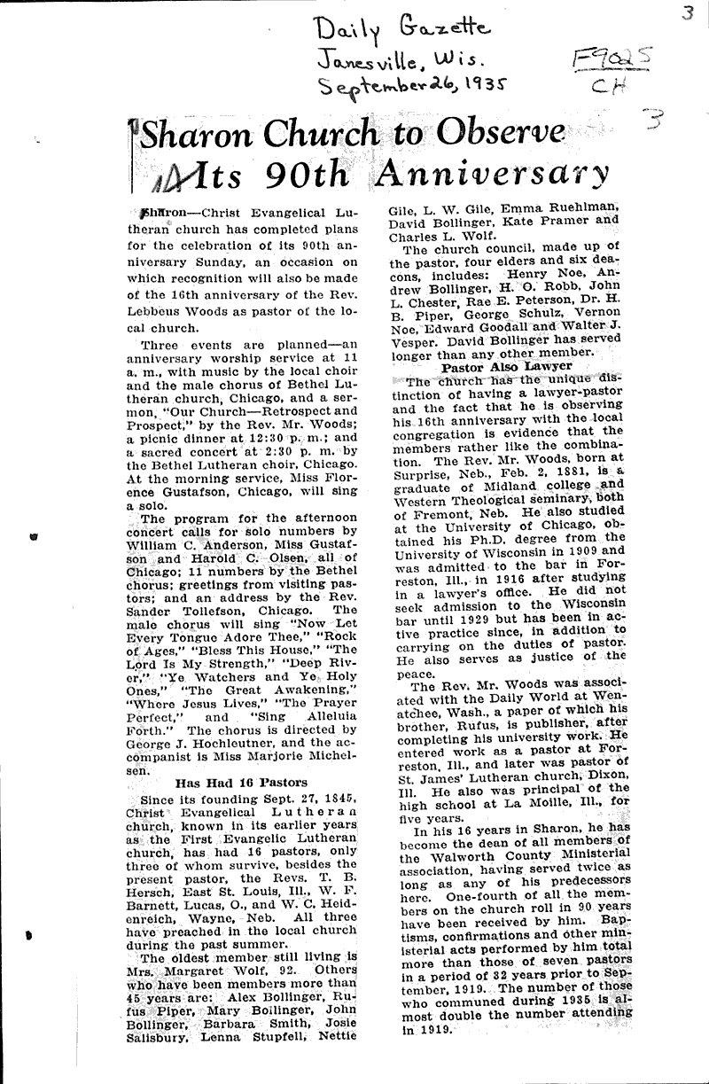  Source: Janesville Gazette Topics: Church History Date: 1935-09-26