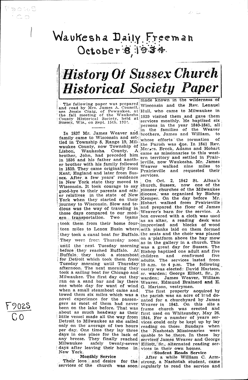 Source: Waukesha Freeman Topics: Church History Date: 1934-10-08