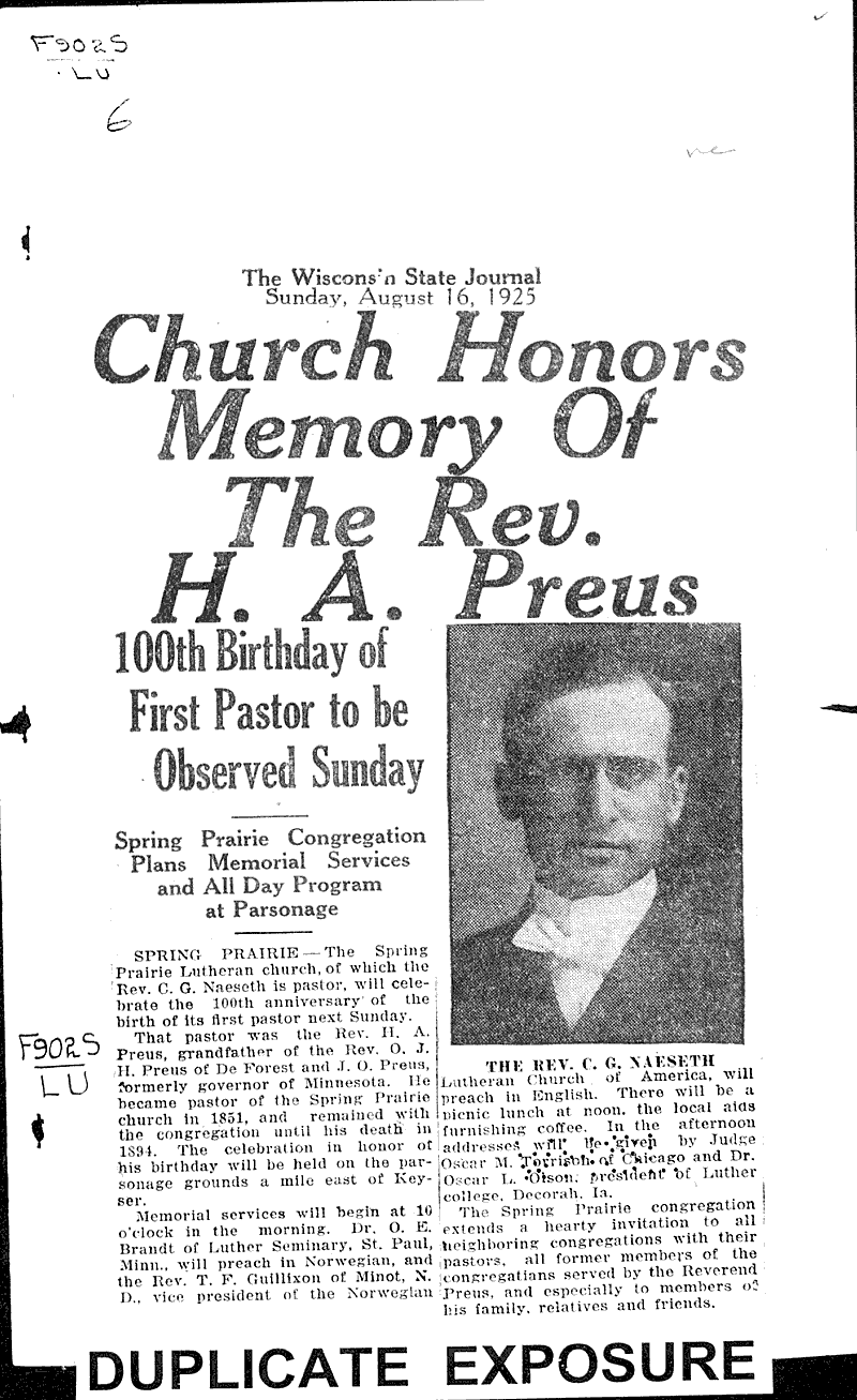 Source: Wisconsin State Journal Topics: Church History Date: 1925-08-16