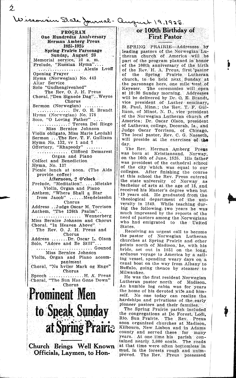  Source: Wisconsin State Journal Topics: Church History Date: 1925-08-16