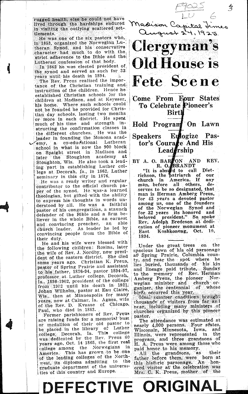  Source: Wisconsin State Journal Topics: Church History Date: 1925-08-16