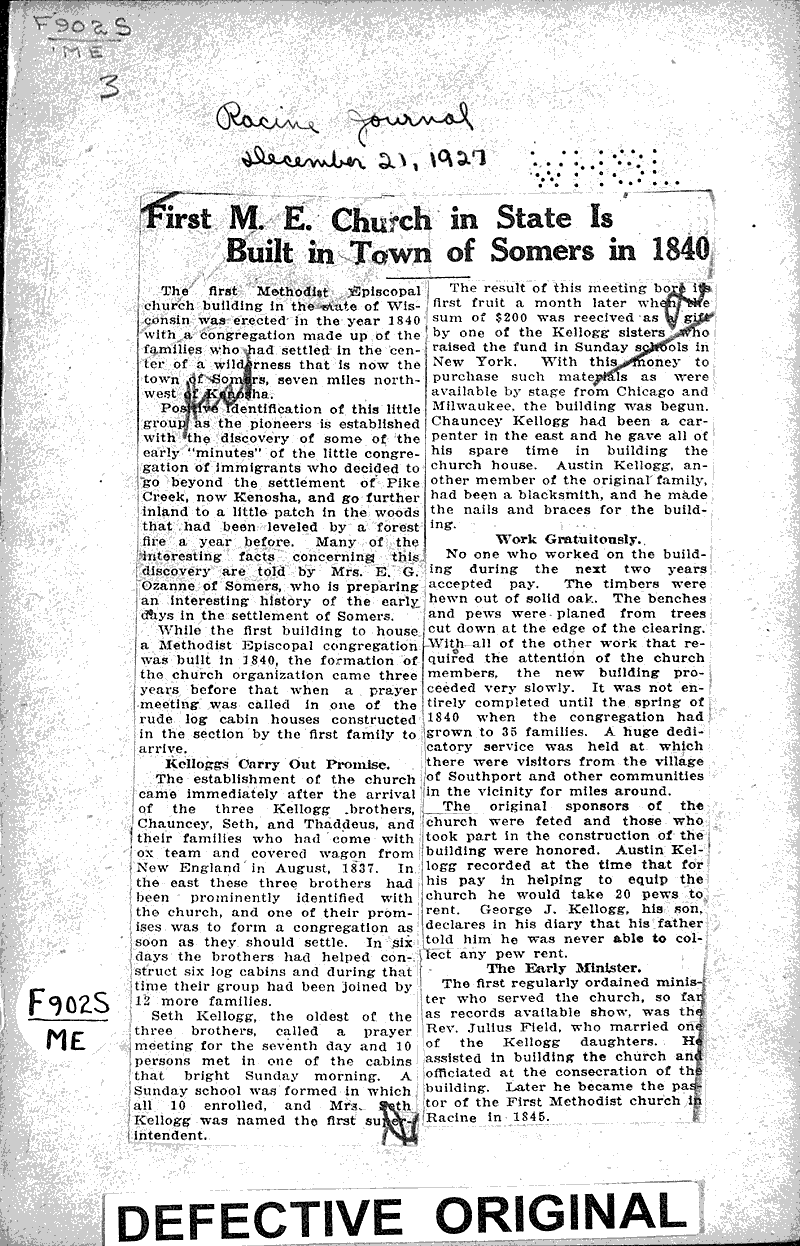  Source: Racine Journal Topics: Church History Date: 1927-12-21