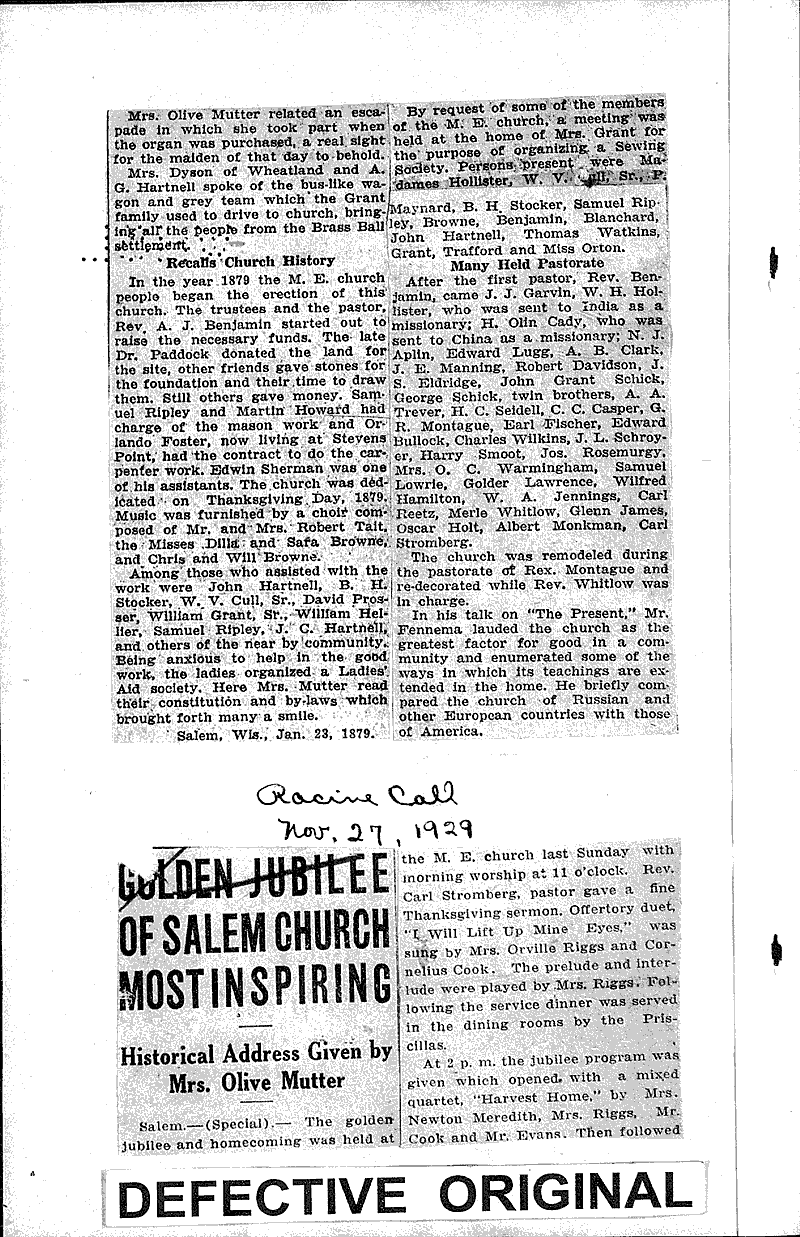  Source: Racine Times Call Topics: Church History Date: 1929-11-06