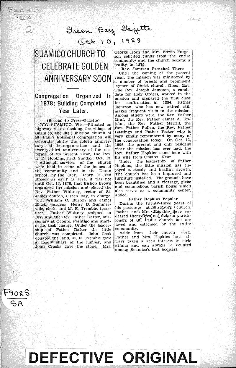  Source: Green Bay Gazette Topics: Church History Date: 1929-10-10