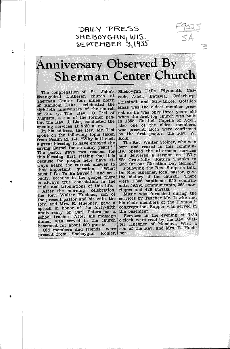  Source: Sheboygan Daily Press Topics: Church History Date: 1935-08-30