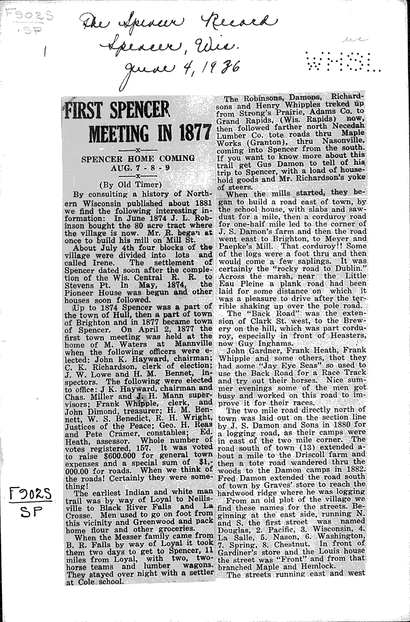 First Spencer meeting in 1877 Newspaper Article/Clipping Wisconsin