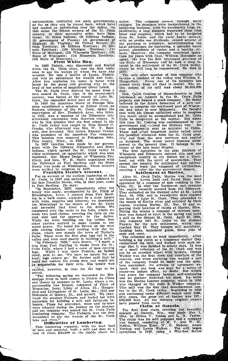 Lumbering on the St. Croix Newspaper Article/Clipping Wisconsin