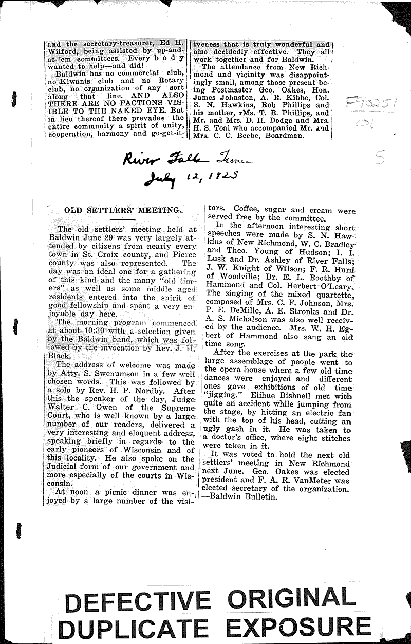 Old settlers' meeting Newspaper Article/Clipping Wisconsin