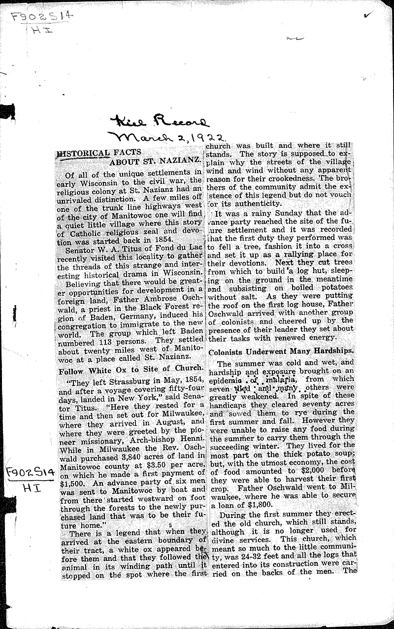 Historical facts about St. Nazianz Newspaper Article/Clipping