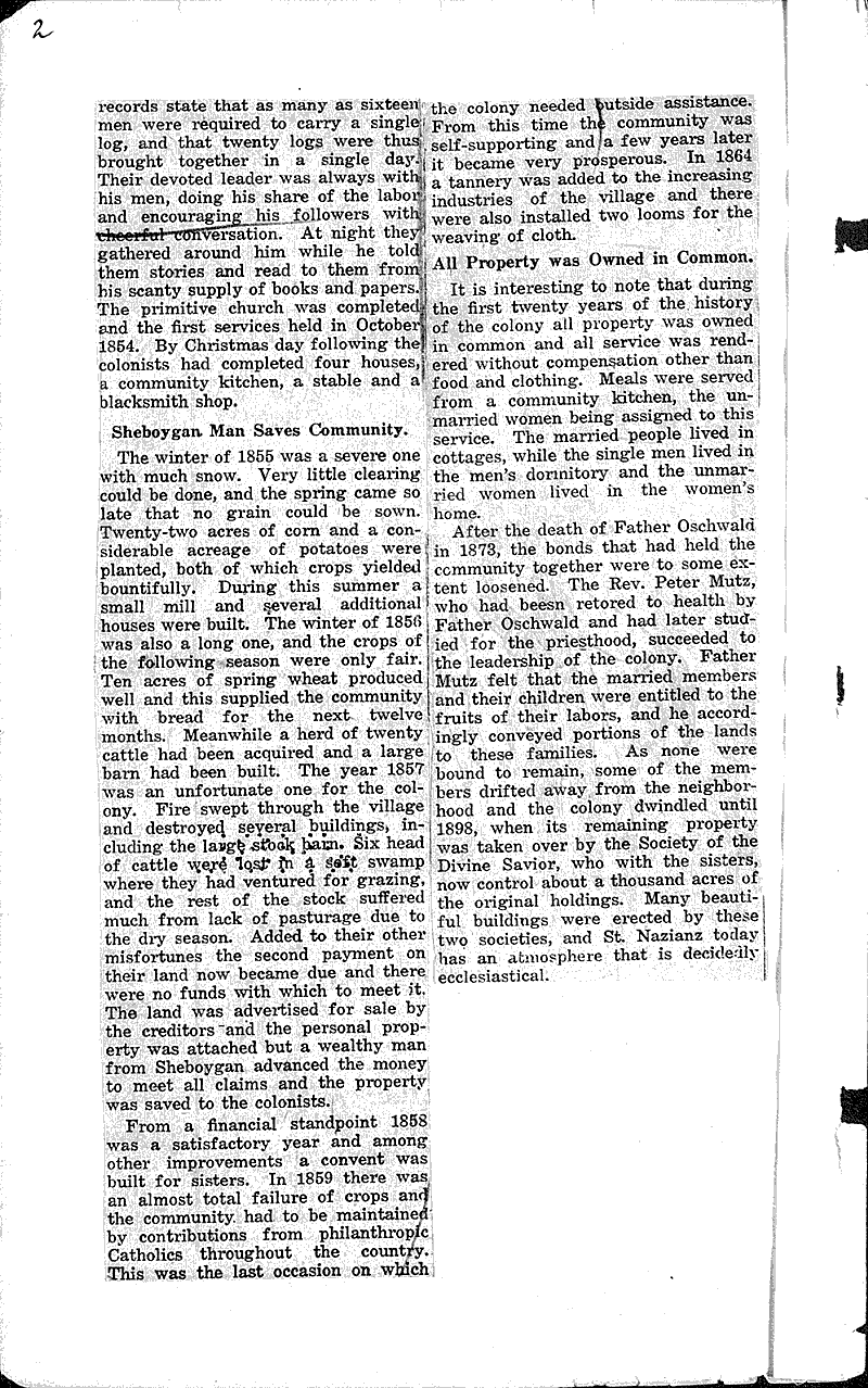 Historical facts about St. Nazianz Newspaper Article/Clipping