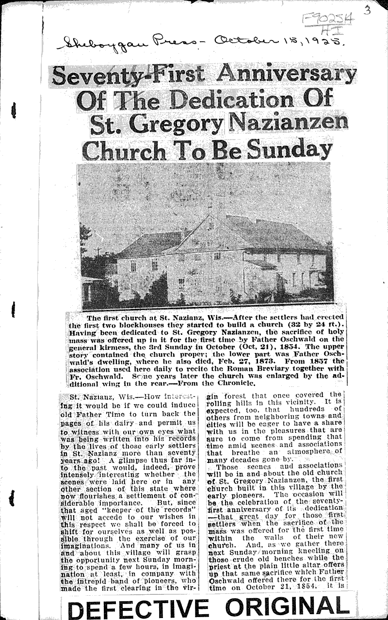  Source: Sheboygan Press Topics: Church History Date: 1925-10-15