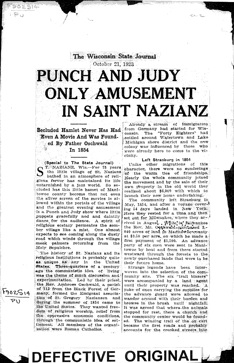 Punch and Judy only amusement in Saint Nazianz Newspaper Article