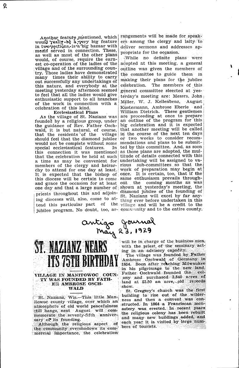 Olan obsevance of Siamonf Jubilee of founding St. Nazianz Newspaper Article/Clipping