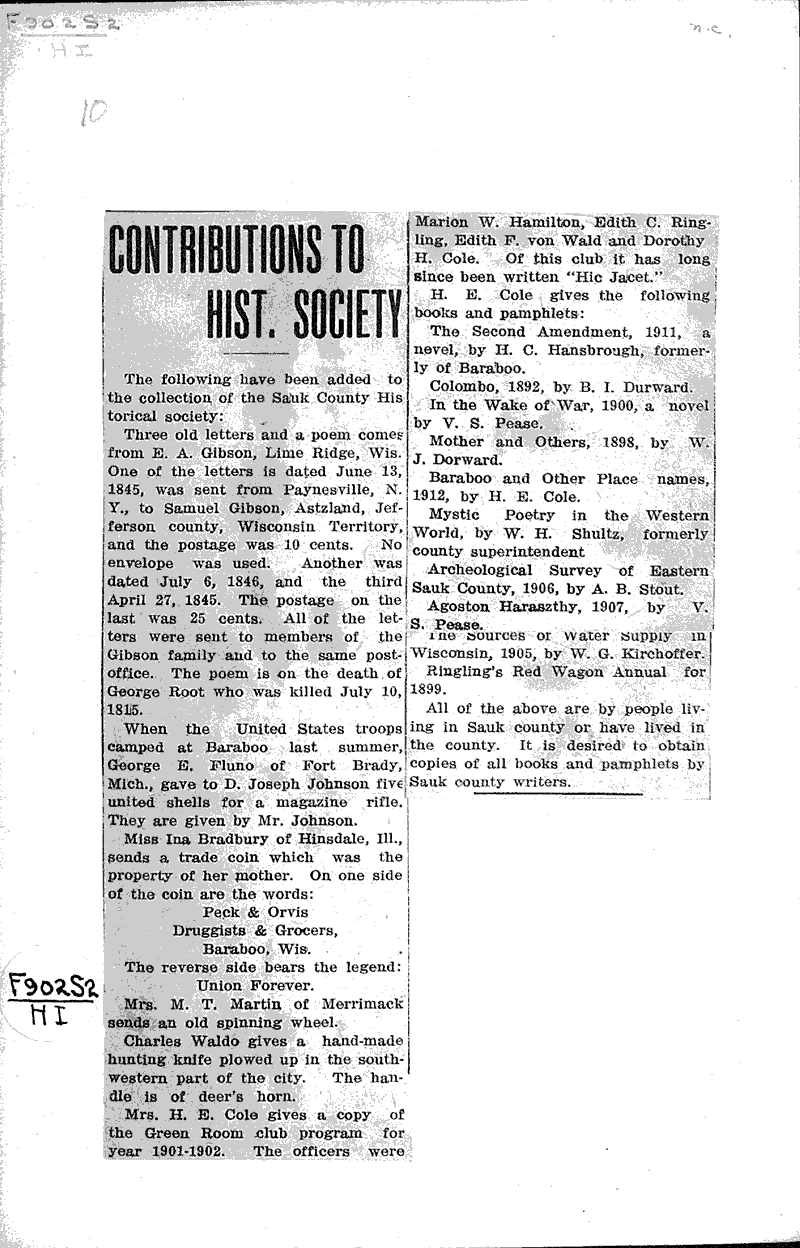 Historical relics Newspaper Article/Clipping Wisconsin Historical