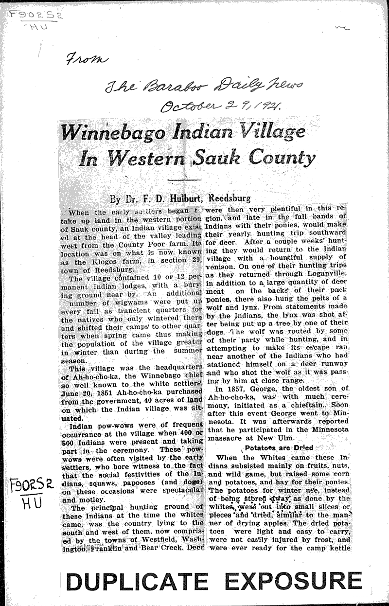 Winnebago Indian Village in Western Sauk County Source: Baraboo Daily News Topics: Education Date: 1921-10-29