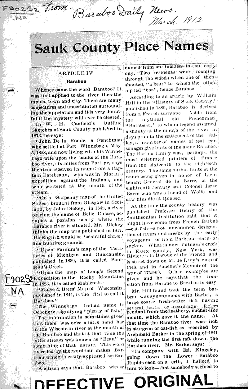 Sauk county place names Newspaper Article/Clipping Wisconsin Historical Society