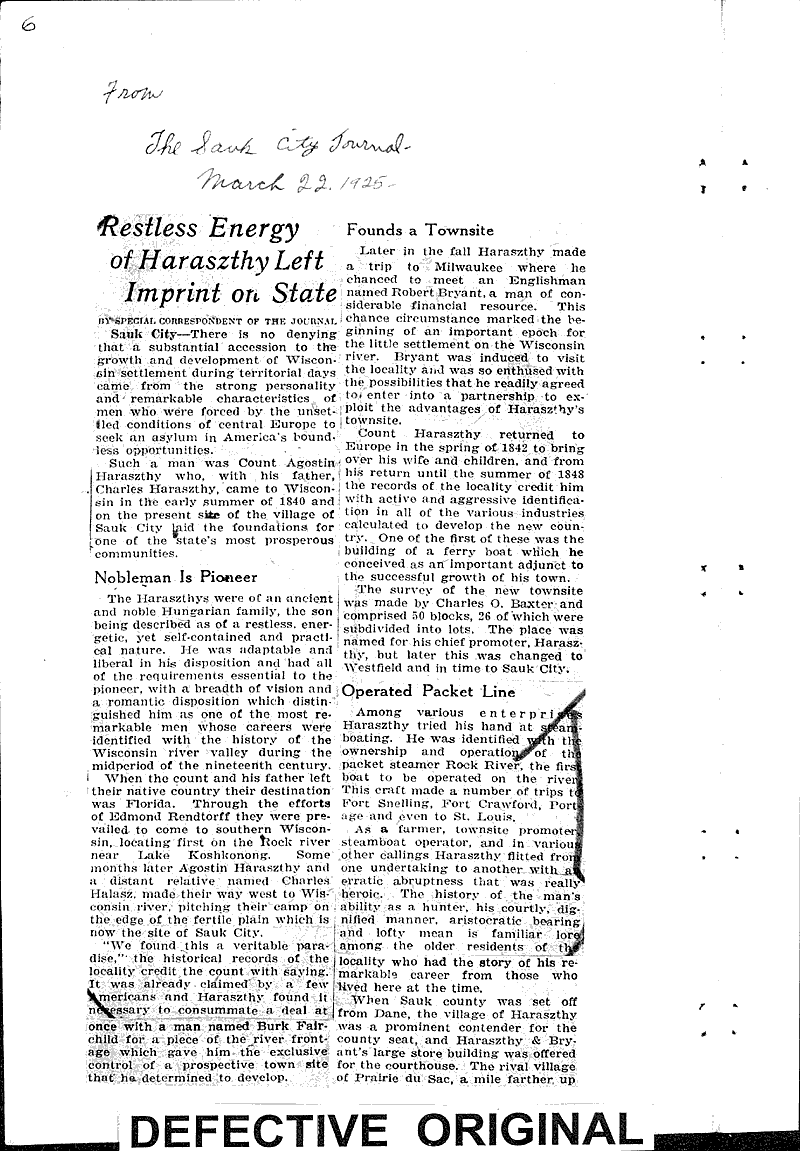 Restless energy of Haraszthy left imprint on state Source: Sauk City Journal Date: 1925-03-22