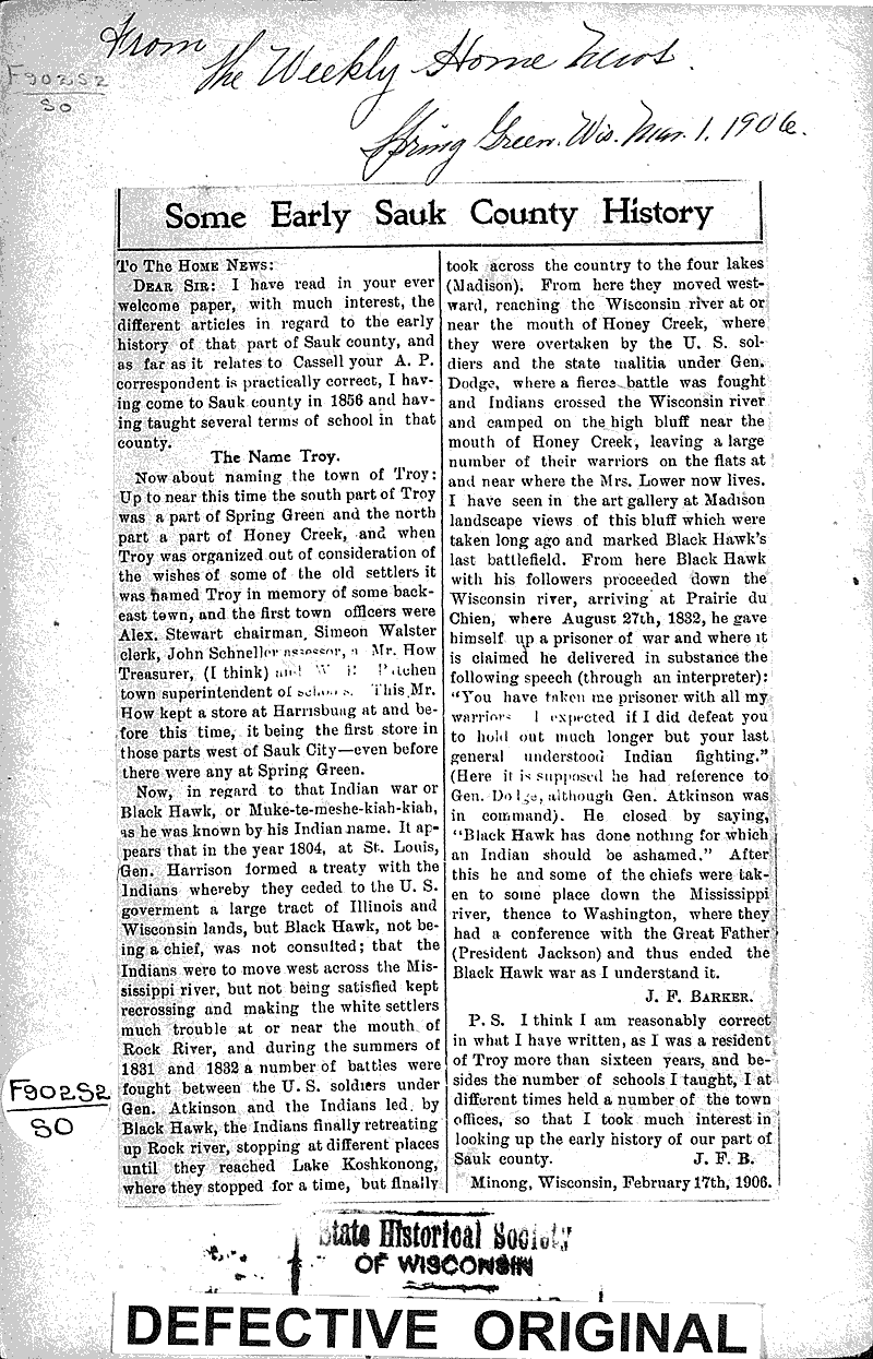 Some early sauk county history Newspaper Article/Clipping Wisconsin